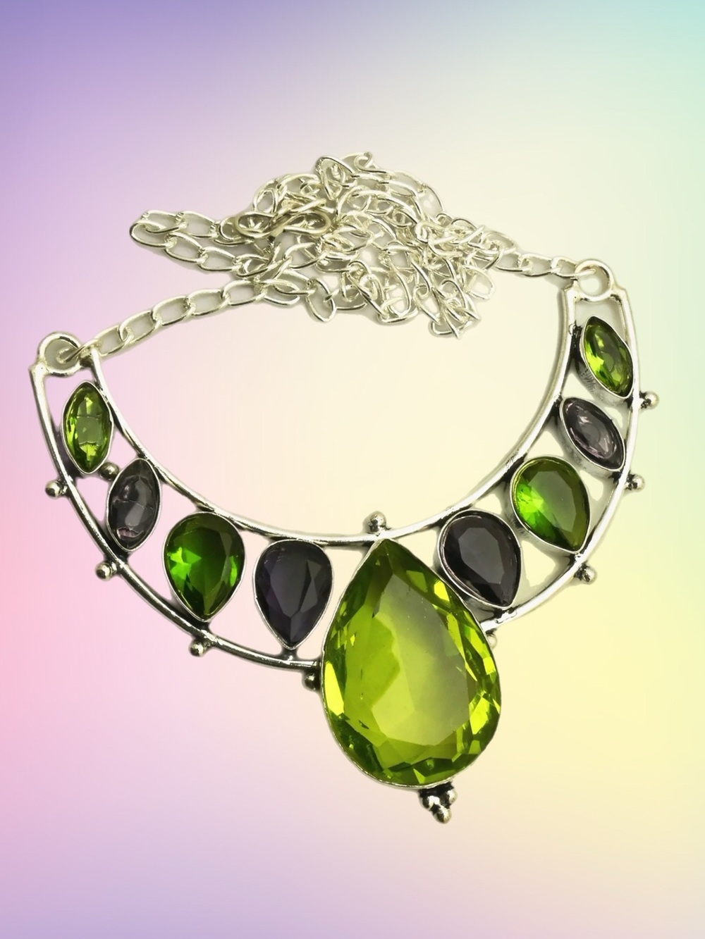 Genuine Quartz, Irradiated Peridot & Amethyst Gemstone Necklace
See video